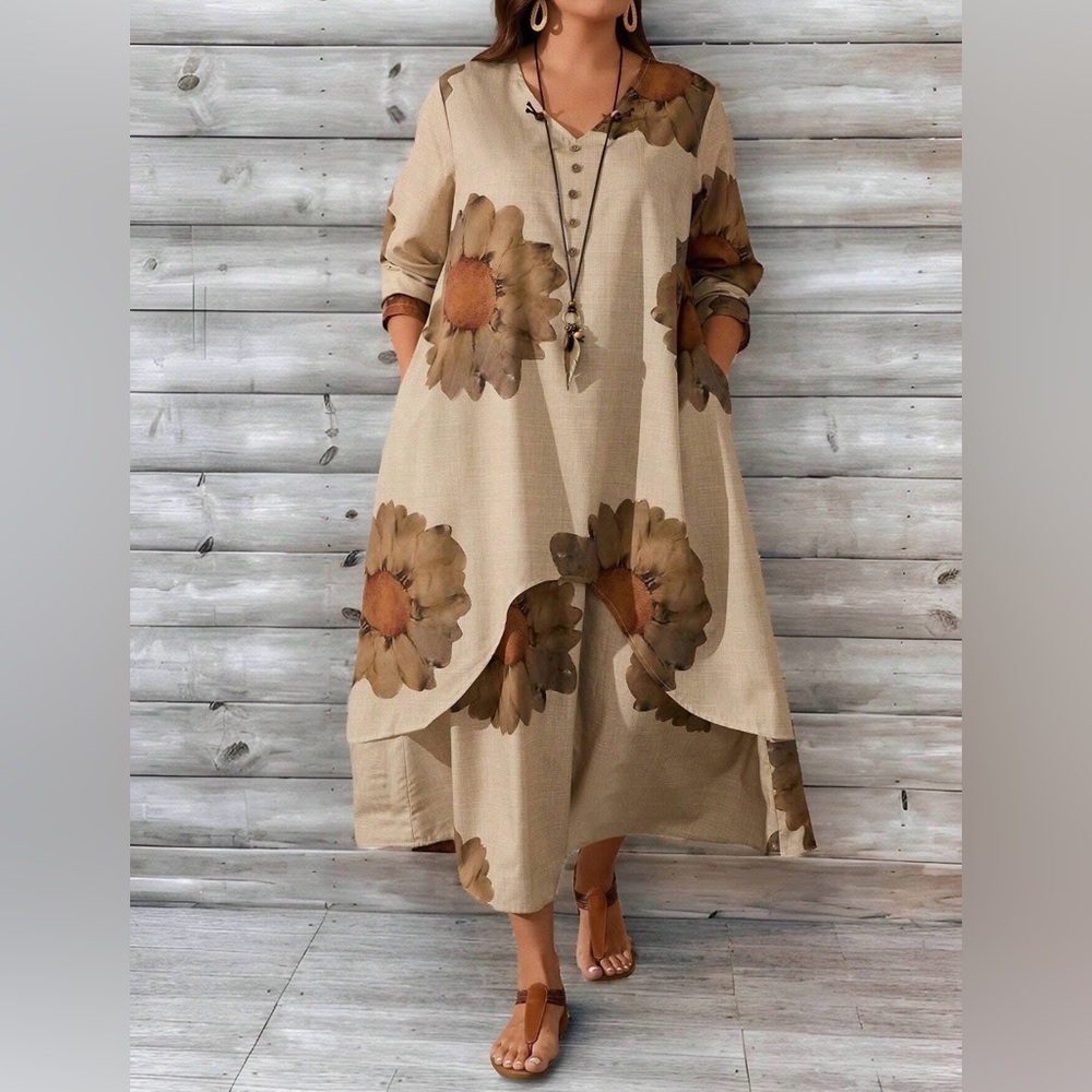 🌻 NWOT Beautiful Boho🌻Linen Look Floral Tunic Dress | Asymmetrical Hem | Pockets